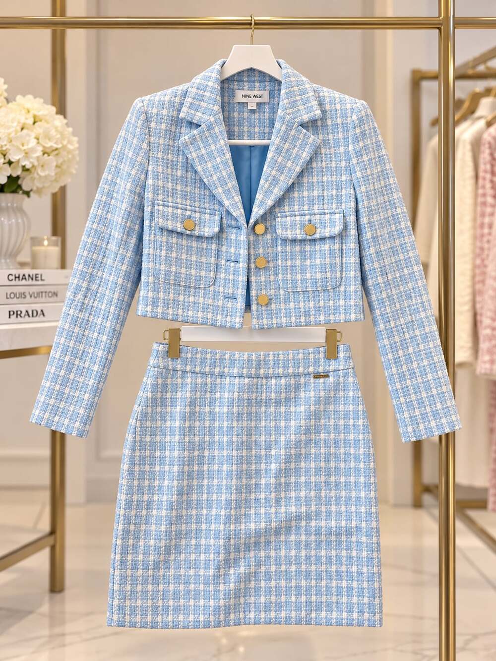 Nine West Tweed Cropped Jacket And Skirt Set Size 4 Blue White